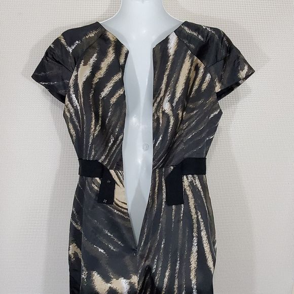 Tahari Dress 8 Black Gold Animal Print Sheath Cocktail Party Cap Sleeve Zip - Picture 10 of 14